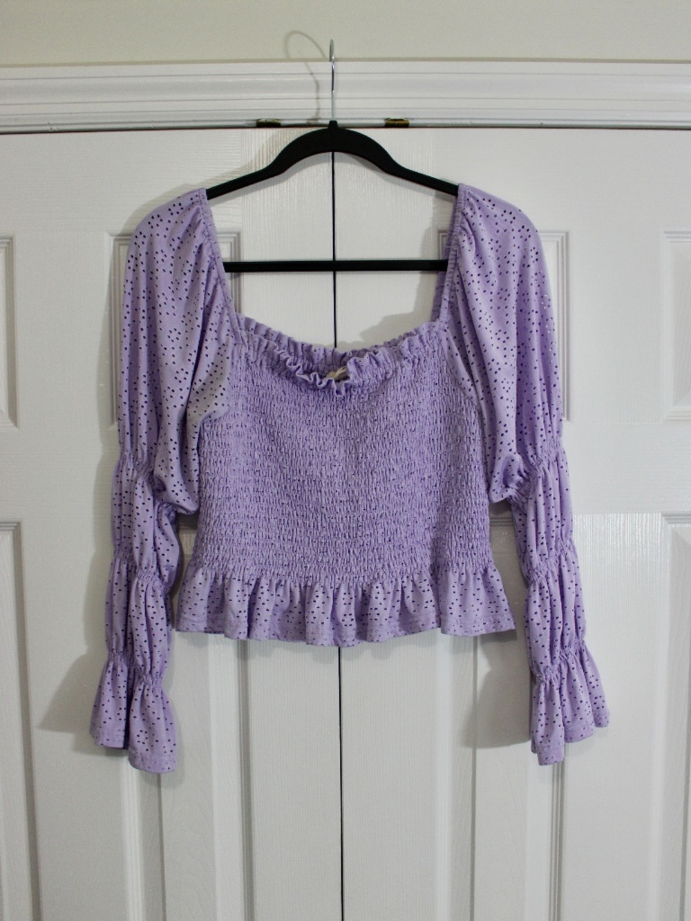 Lavender Eyelet Smocked Crop Top Bell Sleeve Size M